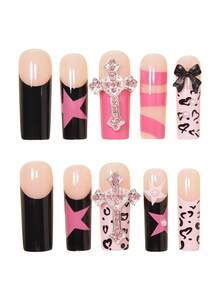 24pcs Y2K Style Medium Water Pipe Nails, Yellow, Pink, Black Striped Minimalist Fake Nails, Elegant Polka Dot, Cute Rabbit, 3D Pink Bow, Luxury Rhinestone Star Design, Press-On Nail Set For Women, Suitable For Wedding, Date, Spring/Summer Daily Wear, Removable - Multicolor - View 2