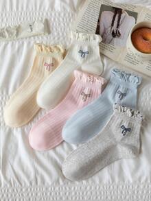 5 pares de calcetines de media pantorrilla para mujer, adecuados para todas las estaciones, calcetines con lazo pequeño y puño de burbuja, hermosos calcetines de hada para uso al aire libre, calcetines blancos esenciales de estudiante casual para la temporada de regreso a la escuela, simples y cómodos. (Enviados al azar) - Multicolor - Ver 2
