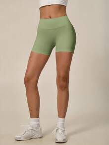 TimeOff Women's 1pc Solid Color High Waist Ribbed Waistband Ruched Back Athletic Shorts - Army Green - View 10