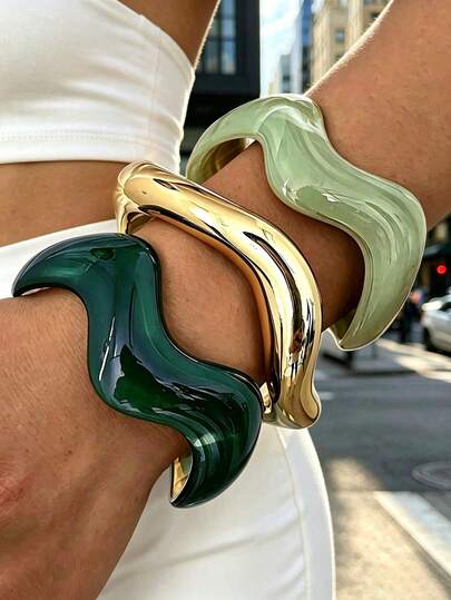 3/1pc Vintage Minimalist Casual Style Women's Wavy Shape Acrylic & CCB Material Green Open Ring Bangle, Suitable For Daily Wear, Stackable, Perfect Gift Choice For Holidays