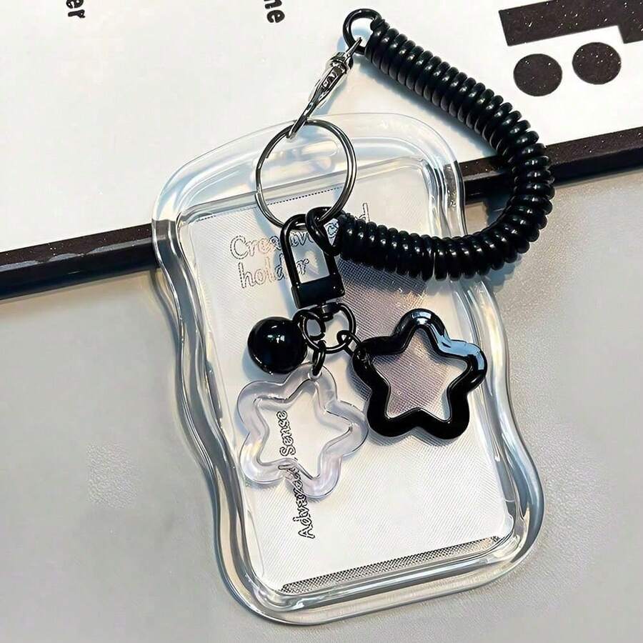 1pc Star Pattern Transparent Card Holder Keychain, Acrylic/PC Wear-Resistant Photo Card Holder, With Spring Rope, Anti-Deformation Creative Case, Suitable For Photo Cards, Bus Cards, Subway Cards And Student Cards, Back To School Supplies - One Size - View 1