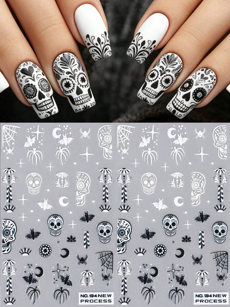2pcs Gothic Sugar Skull Halloween Nail Stickers, Self-Adhesive Nail Decals With Day Of The Dead Floral Skull Bat Spider Web Crescent Moon Star Pattern, Dark Vintage Horror Nail Art Stickers For Halloween Salon DIY Manicure Press On Nails Decoration - Black and White - View 1
