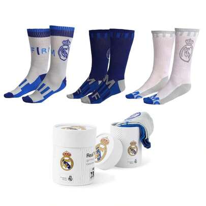 Paquete de calcetines unisex para adultos del Real Madrid - 3 pares, talla única (38-45), 70% algodón con elastano, multicolor blanco y azul, con licencia oficial, vuelta al cole