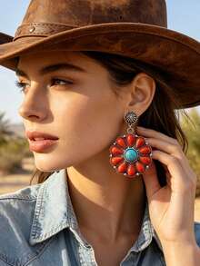3 styles de boucles d'oreilles à tige vintage western orange-rouge turquoise, forme de tournesol/forme ronde de pièce embossée/forme de croix enroulée, accessoires de cowboy bohème western, convient pour les hauts en denim à décolleté bas, les voyages dans le désert, les tenues de style américain vintage, la combinaison de couleurs orange-rouge + bleu turquoise est la combinaison de couleurs emblématique des bijoux western - Style bohème - Voir 2