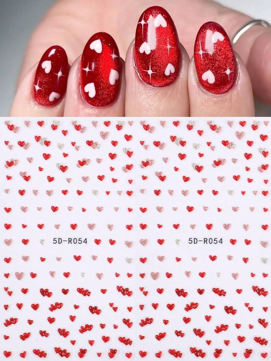 2pcs 5D Embossed Red Pink Heart Glitter Nail Art Stickers Relief Jelly Heart Print Nail Decals Decoration Self Adhesive Salon Manicure Accessories Japanese Cute Nail Art Design Supplies DIY - Multicolor - View 1