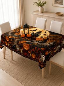 1pc Halloween Pumpkin Lantern Crow Ghost Tablecloth, Vintage Autumn Pumpkin Skull Bat Full Moon Print Round/Rectangular Tablecloth, Spooky Farmhouse Style Halloween Dinner Party Table Decor, Autumn Holiday Tablecloth - Multicolor - View 15