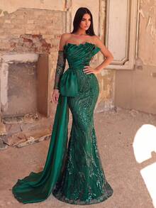 Faeriesty Vestido de Noche de Lujo sin Tirantes, Lazo de Organza, Falda de Cola de Sirena para Fiesta y Boda - Verde Oscuro - Ver 5