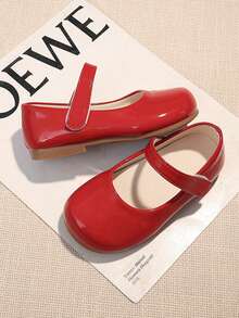 1 Pair Kids Fashion Solid Color Patent Leather PU Hook And Loop Mary Jane Shoes, Suitable For School, Banquet, Party, All Seasons - Red - View 5