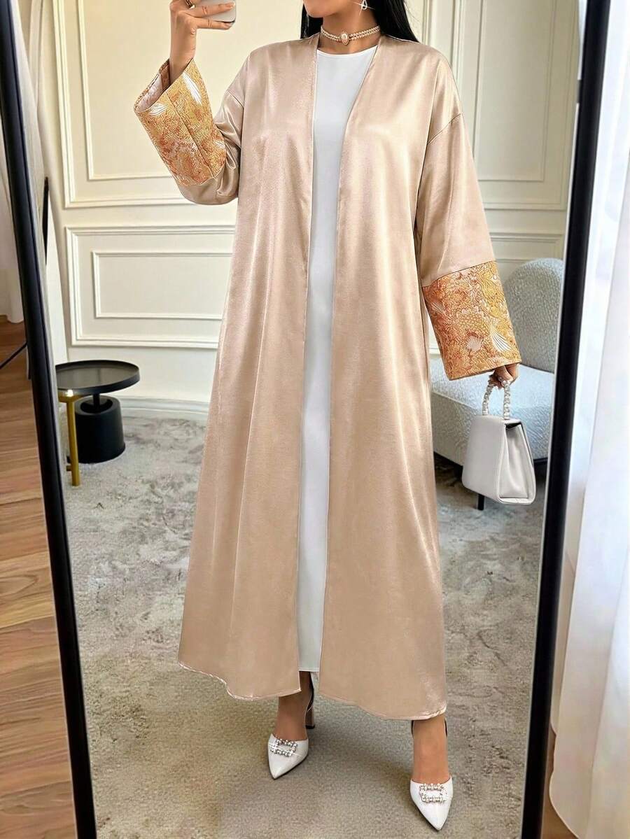 女士花卉提花撞色缎面落肩优雅长袍,夏季开衫,休闲和服,奢华长款长袍/罩衫,生日装,毕业装,婚礼派对装,夏季度假装,节日装 春季 - 彩色 - 查看 1