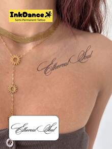 1 Kit "Ethereal Soul" Pegatina de Tatuaje de Nueva Tecnología, Semi-Permanente, Cita Elegante, Línea Fina, Caligrafía, Letras, Tatuaje Temporal, Tatuaje Falso, Diseño Realista Impermeable & Duradero, Fórmula a Base de Plantas, InkDance, Ink Dance, Regalo X059 - Negro - Ver 2