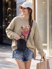 Plus Size Women's Autumn Vacation Casual Cute Bear Hug Heart Pattern Crew Neck Long Sleeve Faux Sweater Top Fall - Ash - View 3
