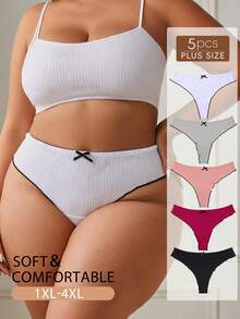 Rosiemei 5pcs Plus Size Women's Ribbed Low Waist Front Bow Thong , Comfortable Triangle G-String Soft T-Back Elastic Panties - Multicolor - View 3