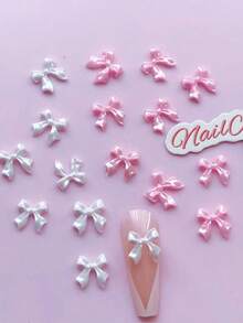 50pcs Pearlescent Shiny Bowknot 3D Resin Nail Charms, Mixed Pink & White Luster Bow Nail Art Decorations, Cute Kawaii Pearl Gloss Ribbon Bow Ornaments For DIY Manicure Acrylic Nails Salon Nail Design Accessories - Multicolor - View 1