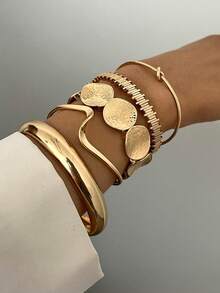 5pcs/1pc Vintage Casual Exaggerated Glamorous Geometric Design Wide Metal Gold Bracelet Set For Daily Wear And Gift - Gold - View 5