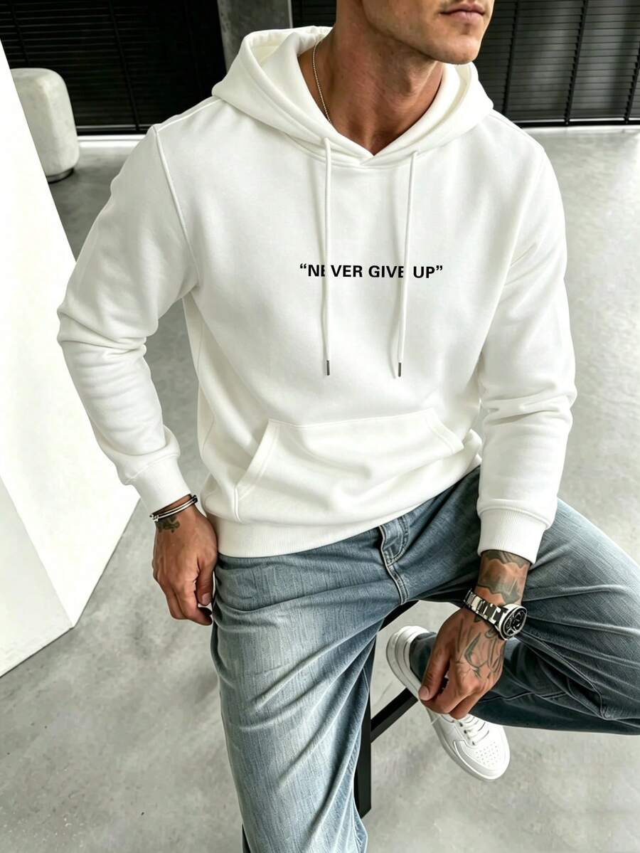 男士秋冬休閒時尚百搭日常通勤極簡字母標語印花袋鼠口袋抽繩連帽衛衣 - 白色 - 查看 1