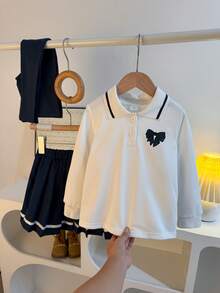 Girls Early Autumn Sweet Cute Preppy Style Bow Contrast Color Polo Shirt With Turn-Down Collar Long Sleeve Top + Daily Versatile Pleated Skirt + Decorative Versatile Shawl 3-Piece Set Suitable For Daily, Outdoor, School, Commute, Vacation, Party - Royal Blue - View 3