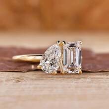 Minimalist Geometric Water Drop Square Double Cubic Zirconia 18K Gold Plated Elegant Women's Royal Style Ring - Gold - View 2