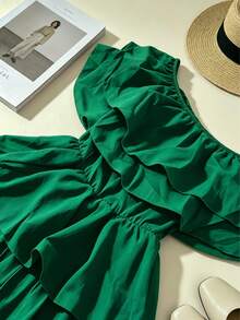 Summer New Plus Size Solid Color Ruffled Layered Tiered Cake Shorts Off-Shoulder Elegant Sexy Romper - Green - View 8