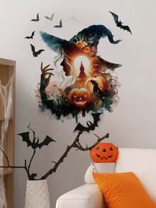 1pc Halloween Silhouette Witch Bat Castle Pumpkin Wall Decal Sticker, Removable Room Decor For Bedroom Living Room Holiday - 1PC - View 5