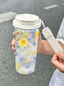 1 pieza/5 piezas Vaso de agua de plástico de 500ml con estampado floral de rosa amarilla y azul vintage de verano, con pajita y cordón, tapa abatible a prueba de fugas, para bebidas frías, calientes y café helado, uso diario, listo para fotos, regalo de cumpleaños para mejor amigo, regalo festivo - Rosa amarilla multicolor - Ver 9