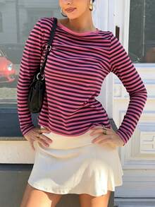 ALA Women's Autumn Y2K Colorblock Slim Fit Layered Horizontal Stripe Long Sleeve T-Shirt, Suitable For Daily Outings, Back To School Season, Office, Party - Hot Pink - View 3