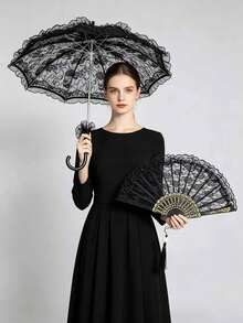 Black Lace Umbrella + Lace Fan With Hanging Pendant, For Festivals. Gothic Style Halloween Accessories In Black, Perfect For Bridal Parties. - Multicolor - View 3