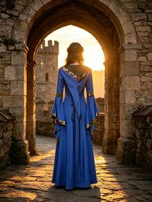 Medieval Vintage Hooded Dress, Square Neck Lace-Up Flare Sleeve Renaissance Maxi Gown With Gold Trim Fall - Blue - View 5