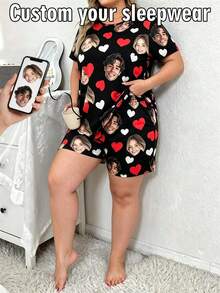 2pcs Plus Size Customized Face Photo Women's Short Sleeve Shorts Pajama Set, Personalized Heart Home Wear, Wife Gift - Multicolor - View 1