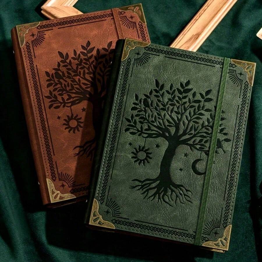 Cuaderno Hojas Sueltas A5 200 Páginas 100g/m² Diseño Ábol Sol Luna Anilla Metal Vintage Lujo, Para Oficina Escuela Escritura Regalo Recomendado Vuelta Colegio - Verde - Ver 1