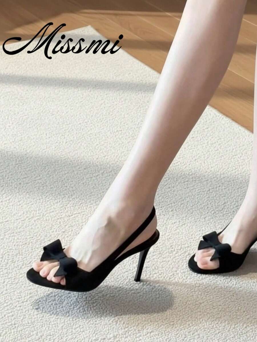 2025 New Summer Open-Toe Bowknot Suede Strap Sandals, Sexy Versatile Brown Slim High Heels For Women - Black - View 1