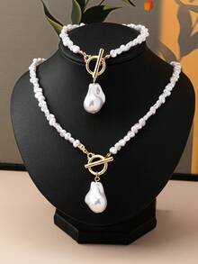 2pcs/Set Necklace And Bracelet Set, Women's Faux Baroque Pearl Jewelry Set, Suitable For Daily Wear - White - View 4