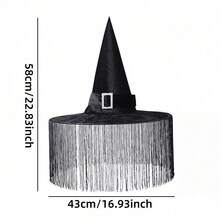 1件萬聖節百褶女巫帽，女巫帽，節日派對裝扮，黑色流蘇巫師帽 - 查看 5