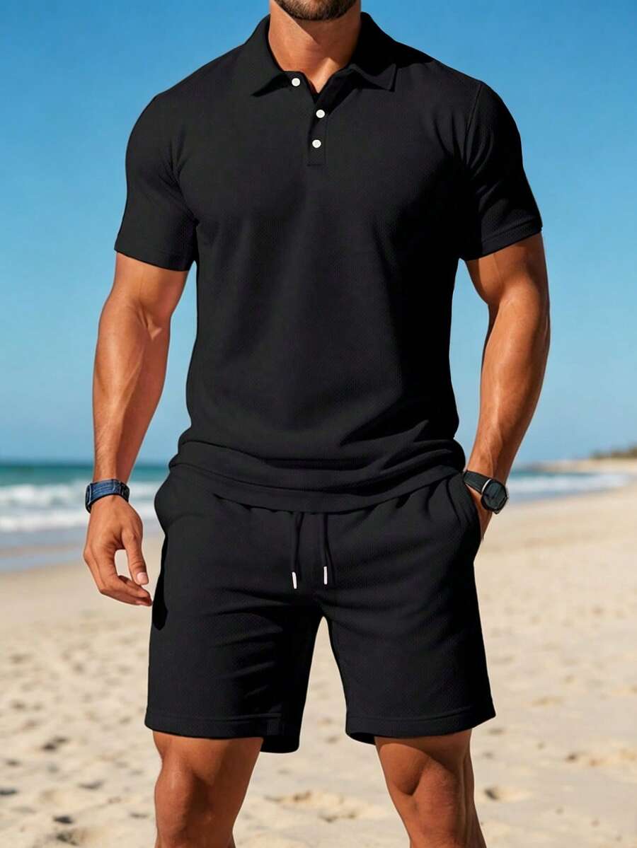 Setelan 2 potong Kemeja Polo Lengan Pendek dan Celana Pendek Kasual Pria Warna Polos, Cocok untuk Pantai, Perjalanan, Gym, dan Jalan-jalan Akhir Pekan - Hitam - View 1