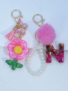 1pc Resin Starry Sky Epoxy Letter Keychain With Black Fur Ball Tassel Decor, Heart Pendant Gift For Friend And Mom - Hot Pink - View 29