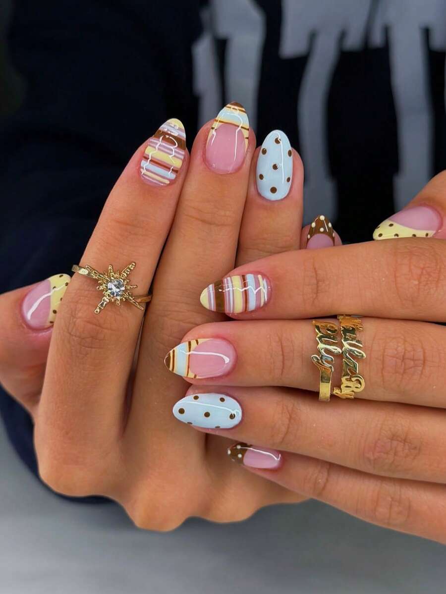 Y2K Cute Macaron Color Block Striped Milk Coffee Polka Dot Yellow Blue French Gentle Sweet Style 24pcs Short Round Press-On Nail Tips Fake Fingernails Set - 彩色 - 查看 1