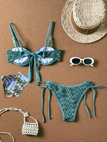 Bikinx Set Bikini Wanita Bertekstur dengan Tali Bahu Tipis Berhiaskan Manik-Manik dan Desain Ikat Belakang, Cocok untuk Liburan Pantai Musim Panas - Dark Green - View 7