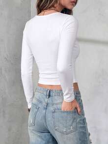 HUTENER Spring Summer Autumn Women's T-Shirt, Solid Color V-Neck Slim Fit Flattering Casual Comfortable Women's White Top, Suitable For Holiday/Home, Autumn - White - View 7