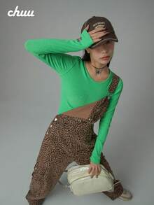 CHUU Little Fox Split Hem T-Shirt Musim Semi Wanita Manis Keren Pas Badan Lengan Panjang Atasan Crop Top Lapisan Dasar - Hijau - View 3