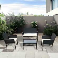 Black 4-Piece Rattan Garden Furniture Set Outdoor Patio Conversation Sofa With Table And Chairs All-Weather Wicker Sectional Set For Yard Pool Or Backyard - Black With Beige Cushions - View 7