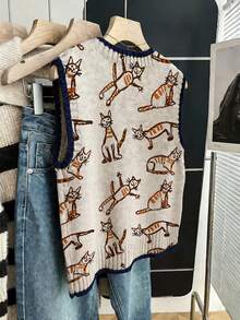 Women's Knitted Sweater Vest, Savannah Landscape Pattern, Round Neck Ribbed Knit, Regular Fit, Suitable For Autumn Layering - Apricot - View 4