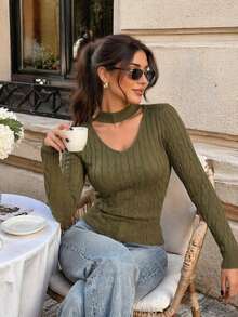 2026 New V-Neck Halter Knit Sweater For Women, Slim Fit Flattering Ribbed Base Layer Top - Dark Green - View 4
