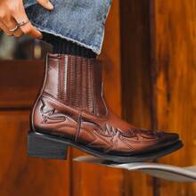 Mioeert Men's Western Cowboy Motorcycle Ankle Boots, Men's Dress Cowboy Boots, Pointed Toe Design, Classic Embroidery, Men's Chunky Heel Ankle Boots - Brown - View 3