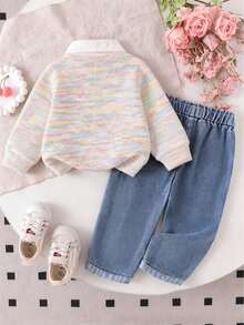 Spring/Autumn Girls Sweet Fashion 2 Pieces Set, Gradient Color Lapel 3D Strawberry Embroidered Faux Two Pieces Top, Fruit Strawberry Embroidered Cuffed Denim Long Pants, Suitable For Daily Casual, Outing Wear - Multicolor - View 2