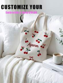 1pc Customized Embroidered Canvas Tote Bag, Personalized Name & Text, Large Capacity Lightweight Fashion Shopping Handbag, Perfect Gift - Multicolor - View 13