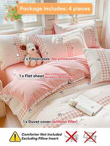 4pcs Striped Bow Duvet Cover Set, Breathable, Back To School, Dorm/Bedroom Bed Decor, (Includes 1 Duvet Cover + 1 Bed Sheet + 2 Pillowcases), Duvet Insert And Pillow Insert Not Included, Pillowcase Pattern Randomly Cut - Pink - View 6