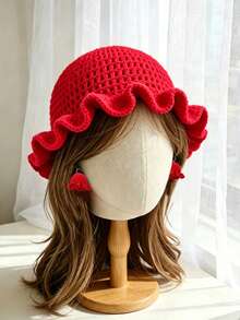 1 Set Handmade Crochet Strawberry Knitted Earrings And Hat 2 Pieces Set, Cute Fruit Design, Hollow Bucket Hat, Suitable For Spring And Summer, Party Wear - Multicolor - View 20