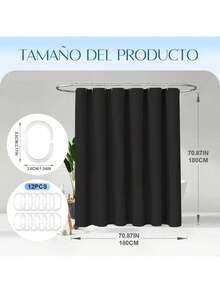 Cortinas para baño, resistente al moho y al agua, lavable, incluye 12 ganchos, apta para bañeras y cuartos de ducha, tamaño 180 cm x 180 cm (disponible en blanco y negro) - Negro - Ver 3