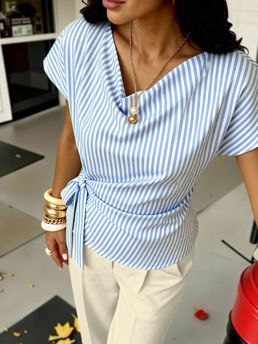 Buzzelle 1pc Striped Polyester Asymmetric/Asymmetrical Front Tie Bow Women's Blouse, Office Vacation Home Daily Summer - Baby Blue - View 1