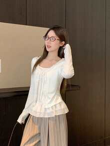 Women's New Autumn 2 In 1 Patchwork Design Long Sleeve T-Shirt With Lace Trim And Tie Detail - White - View 6