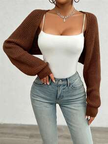 Women's Autumn/Winter Solid Color Ribbed Knit Dolman Sleeve Cropped Cardigan Vest - Mocha Brown - View 3
